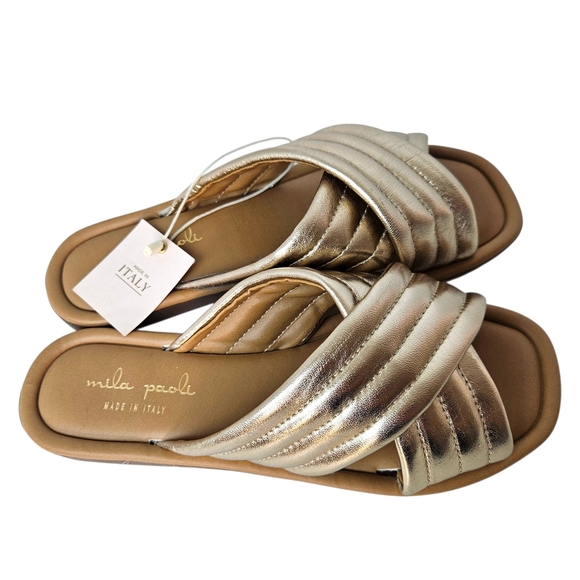Mila Paoli Gold Metallic Leather Cross Strap Slides Sandals 7.5 Made in Italy - Picture 1 of 8